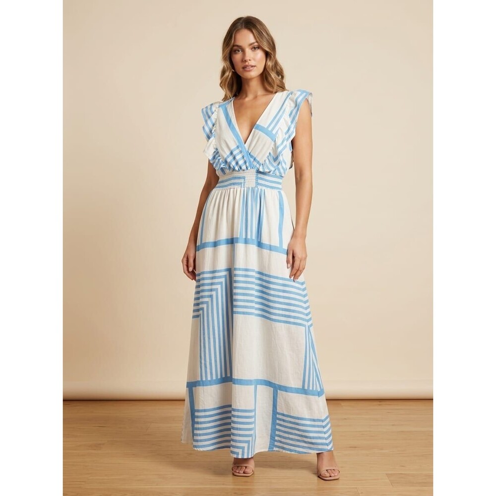 Only4U Blue White Geometric Print V-Neck Ruffle Maxi Dress Size L NWT